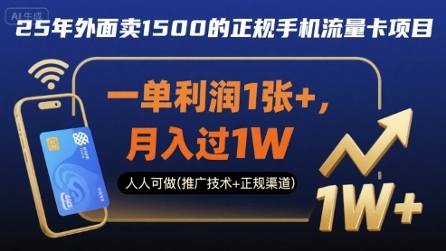 25年外面卖1500的正规手机流量卡项目，一单利润1张+，月入过1W，人人可做(推广技术+正规渠道)【揭秘】-润格副业网-每天分享热门副业赚钱项目