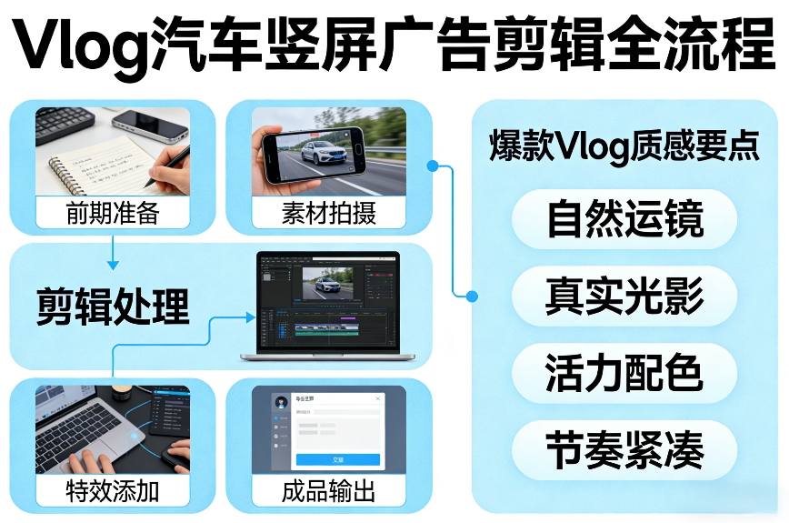 Vlog感觉汽车竖屏广告剪辑脚本全流程，拿捏爆款Vlog质感-润格副业网-每天分享热门副业赚钱项目