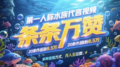 第一人称水族代言视频,条条万赞,20条作品涨粉7.8W,多种变现方式月入五位数-润格副业网-每天分享热门副业赚钱项目
