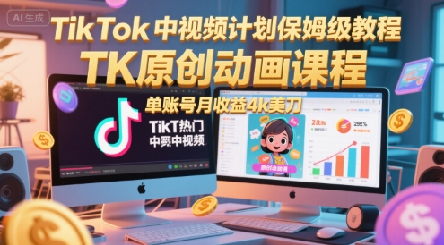 TikTok中视频计划保姆级教程,TK原创动画课程,单账号月收益4k美刀-润格副业网-每天分享热门副业赚钱项目
