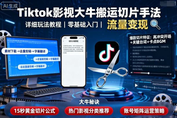 Tiktok影视大牛搬运切片手法，详细玩法教程-润格副业网-每天分享热门副业赚钱项目