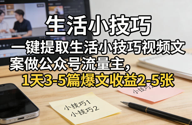一键提取生活小技巧视频文案做公众号流量主，1天3-5篇爆文收益2-5张-润格副业网-每天分享热门副业赚钱项目