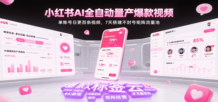 小红书AI全自动量产爆款视频，单账号日更百条视频，7天搭建不封号矩阵流量池-润格副业网-每天分享热门副业赚钱项目