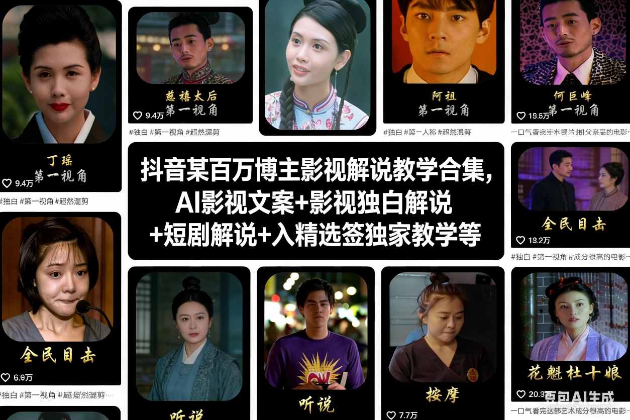 抖音某百万博主影视解说教学合集，AI影视文案+影视独白解说+短剧解说+入精选签独家教学等-润格副业网-每天分享热门副业赚钱项目