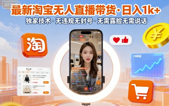 最新淘宝无人直播带货，日入1k+，独家技术，无违规无封号，无需露脸无需说话【揭秘】-润格副业网-每天分享热门副业赚钱项目