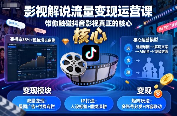 影视解说流量变现运营课，带你触碰抖音影视真正的核心-润格副业网-每天分享热门副业赚钱项目