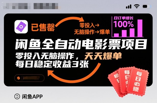 闲鱼全自动电影票项目，零投入无脑操作，天天爆单，每日稳定收益3张【揭秘】-润格副业网-每天分享热门副业赚钱项目