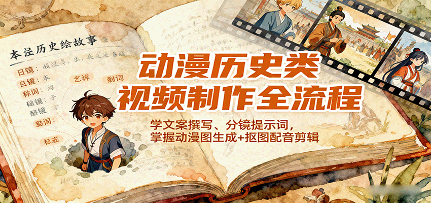 动漫历史类视频制作全流程，学文案撰写、分镜提示词，掌握动漫图生成+抠图配音剪辑-润格副业网-每天分享热门副业赚钱项目