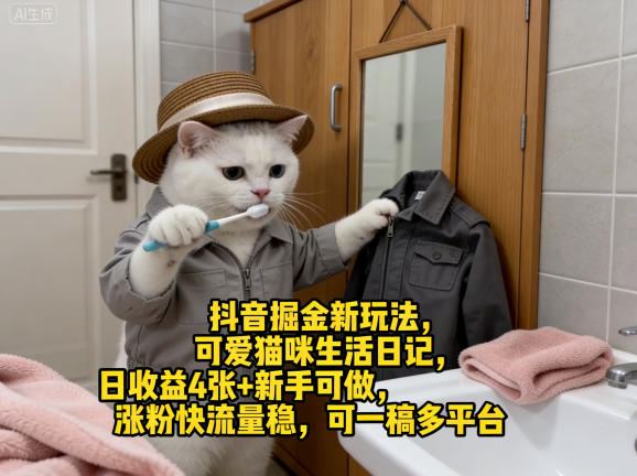 抖音掘金新玩法，可爱猫咪生活日记，日收益4张+新手可做，涨粉快流量稳，可一稿多平台-润格副业网-每天分享热门副业赚钱项目