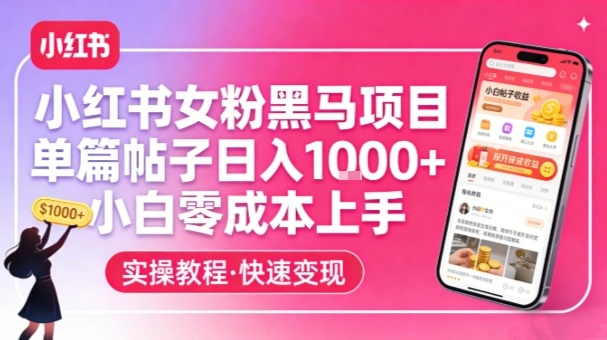 小红书女粉黑马项目，单篇帖子日入1k+，小白零成本上手-润格副业网-每天分享热门副业赚钱项目