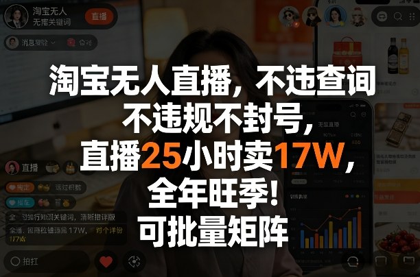 淘宝无人直播，不违规不封号，直播25小时卖17W，全年旺季！可批量矩阵【揭秘】-润格副业网-每天分享热门副业赚钱项目