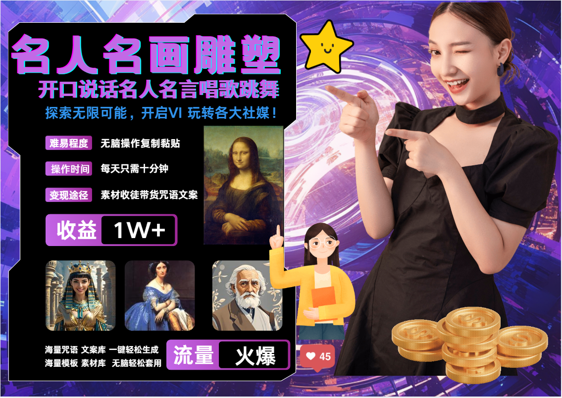 名画名人名言超强反转唱歌跳舞说话 吸睛火爆流量爆炸 每天三分钟 月入过万-润格副业网-每天分享热门副业赚钱项目