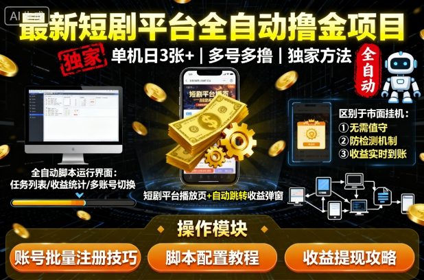 最新短剧平台全自动挂G撸金项目，单机一天3张+，多号多撸，区别于市面所有挂机项目，独家方法【揭秘】-润格副业网-每天分享热门副业赚钱项目