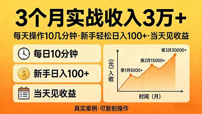 （17639期）3个月实战收入3万+，每天操作10几分钟，新手轻松日入100+，当天见收益-润格副业网-每天分享热门副业赚钱项目