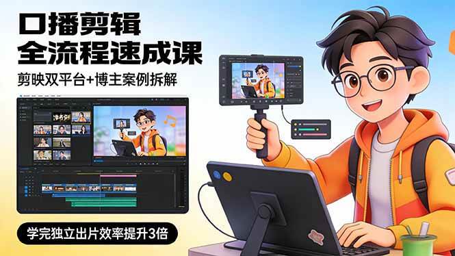 （17420期）口播剪辑全流程速成课，剪映双平台+博主案例拆解，学完独立出片效率提升3倍-润格副业网-每天分享热门副业赚钱项目