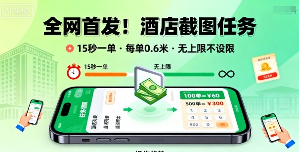 全网首发！酒店截图任务，15秒一单，每单0.6米，任务无上限不设限，矩阵操作单日3张到手【揭秘】-润格副业网-每天分享热门副业赚钱项目