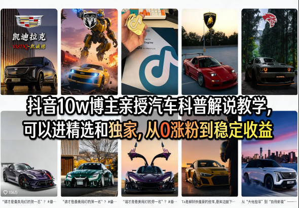 抖音10w博主亲授汽车科普解说教学，可以进精选和独家，从0涨粉到稳定收益（详细视频课程+1T素材）-润格副业网-每天分享热门副业赚钱项目