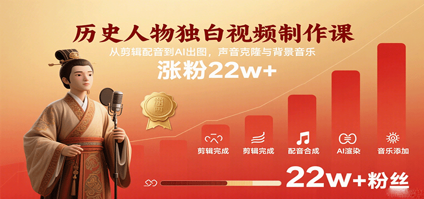 历史人物独白视频制作课,从剪辑配音到AI出图,声音克隆与背景音乐,涨粉22w+-润格副业网-每天分享热门副业赚钱项目