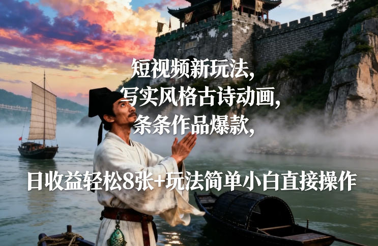 短视频新玩法,写实风格古诗动画,条条作品爆款,日收益轻松8张+玩法简单小白直接操作-润格副业网-每天分享热门副业赚钱项目
