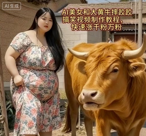 AI美女和大黄牛摔跤搞笑荒诞视频制作教程，快速涨千粉万粉-润格副业网-每天分享热门副业赚钱项目