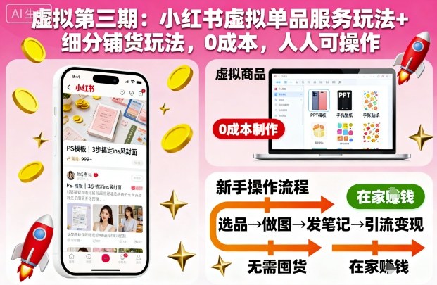 虚拟第三期:小红书虚拟单品服务玩法+细分铺货玩法,0成本,人人可操作-润格副业网-每天分享热门副业赚钱项目
