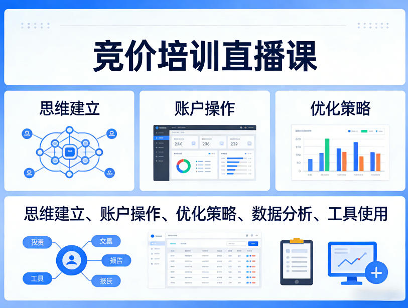 竞价培训直播课，覆盖思维建立、账户操作、优化策略、数据分析、工具使用等，全方位提升效果-润格副业网-每天分享热门副业赚钱项目