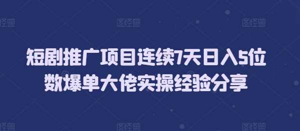 短剧推广项目连续7天日入5位数爆单大佬实操经验分享-润格副业网-每天分享热门副业赚钱项目