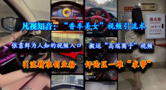 凡视知音:“香车美女”视频引流术,依靠鲜为人知的视频入口,搬运“高端圈子”视频,引流精准创业粉,评论区一堆“求带”-润格副业网-每天分享热门副业赚钱项目