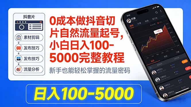 0成本做抖音切片自然流量起号，小白日入100-5000完整教程-润格副业网-每天分享热门副业赚钱项目