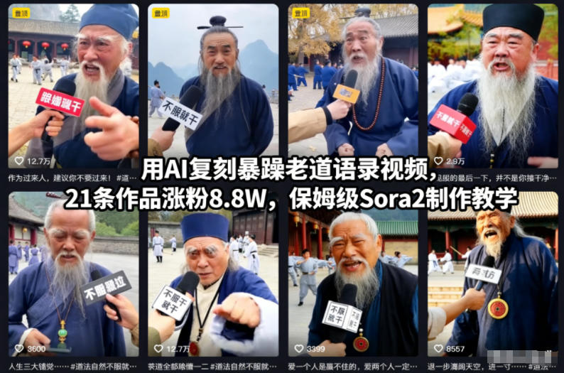 用AI复刻暴躁老道语录视频，21条作品涨粉8.8W，保姆级Sora2制作教学-润格副业网-每天分享热门副业赚钱项目