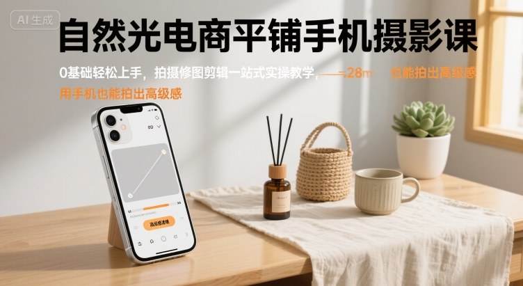 自然光电商平铺手机摄影课，0基础轻松上手，拍摄修图剪辑一站式实操教学，用手机也能拍出高级感-润格副业网-每天分享热门副业赚钱项目