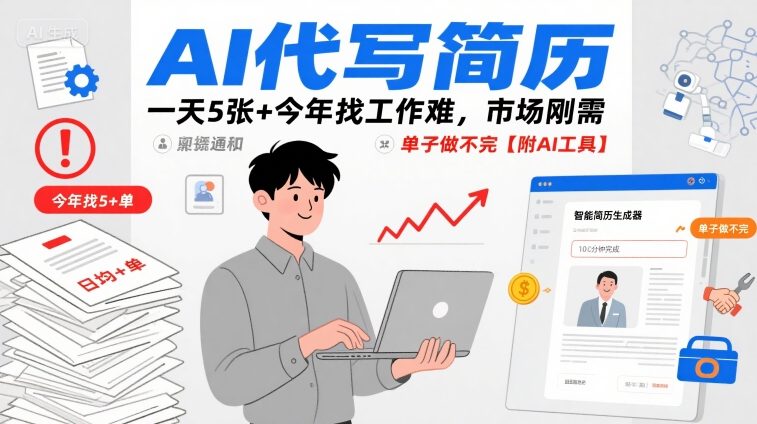 AI代写简历，一天5张+今年找工作难，市场刚需，单子做不完【附AI工具】-润格副业网-每天分享热门副业赚钱项目