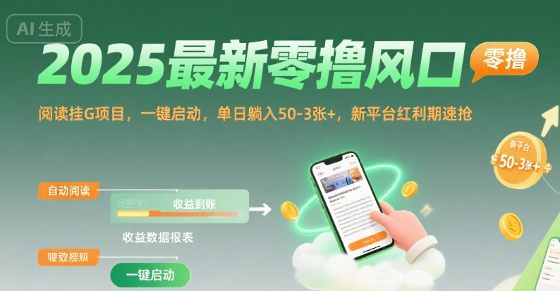 2025最新零撸风口,阅读挂G项目,一键启动,单日躺入 50-3张+,新平台红利期速抢【揭秘】-润格副业网-每天分享热门副业赚钱项目