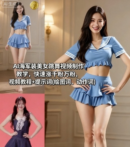 AI海军装美女跳舞视频制作教学，快速涨千粉万粉，视频教程+提示词(绘图词、动作词)-润格副业网-每天分享热门副业赚钱项目